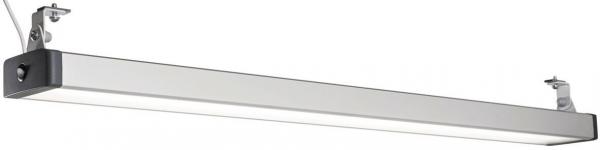 The image shows a long, rectangular LED light in silver with brackets on the sides. It appears modern and is suitable for ceiling installation or wall mounting.