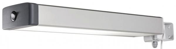 The image displays an elongated wall lamp with a silver casing and black ends. It is simple and minimalist, featuring a light-emitting surface in the center. There is a mounting bracket on the back for wall attachment.