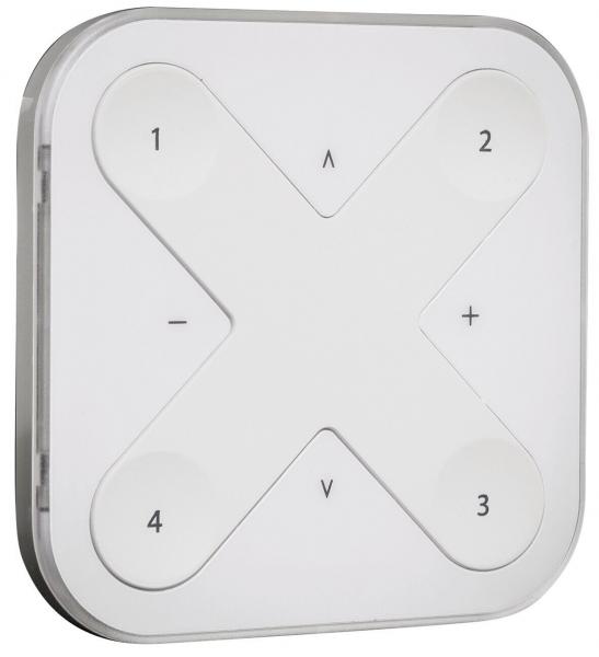 The image shows a square, white control unit with four buttons: 1, 2, 3, 4 in the corners and symbols for up, down, plus, and minus in the center.