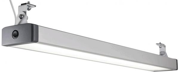 This is a long, narrow light fixture in silver with a matte, bright strip of light. It is attached to two brackets that are mounted on the ceiling or wall.