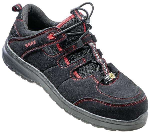 The shoe is a sporty half-shoe in black with red accents. It features a reinforced sole, elastic laces, and a breathable upper made of textile and leather.