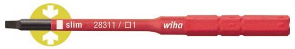 The image shows a red screwdriver with a flat, narrow head. It has a textured, ergonomic grip surface for better hold and bears the brand "wiha".