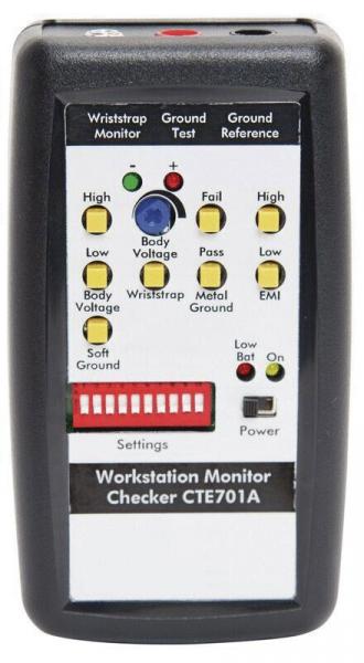 The image displays a device with a black casing and a labeled screen. There are buttons and LEDs to indicate statuses like "High", "Fail", and "Pass". Below are red symbols for settings.