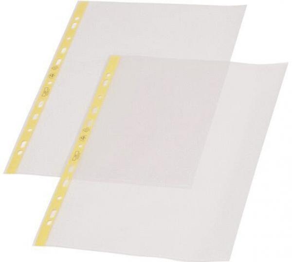 The image shows two transparent plastic sheets. One sheet is larger and lies on top, the other underneath. Both have yellow edges with holes for a binder.