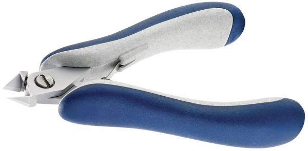 The image shows a nail clipper. It has a curved shape with blue, ergonomic handles and a metallic cutting edge at the tip. The clipper is designed for precise cutting.