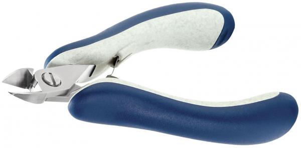 The image shows a nail scissors with a short, curved metal blade. The handles are ergonomically shaped and feature blue and white plastic. They are non-slip and easy to hold.