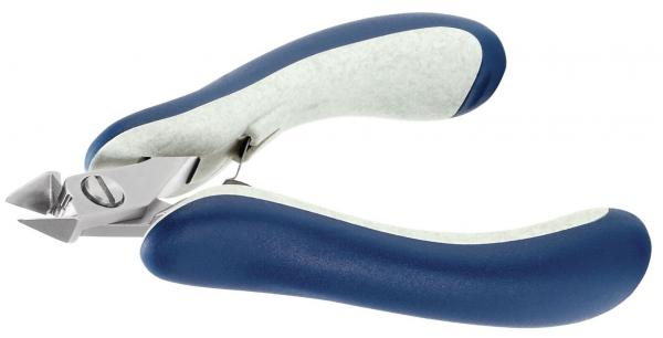 Das Bild zeigt eine Nagel- oder Klauenschneider, der aus Metall und ergonomischen, blauen Griffen besteht. Die Klingen sind scharf und geformt, um präzise Schnitte zu ermöglichen.