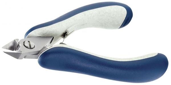 In the picture, there is a nail scissors. It features curved, metallic blades and ergonomic, grippy plastic levers in blue and white. Ideal for precise cutting.