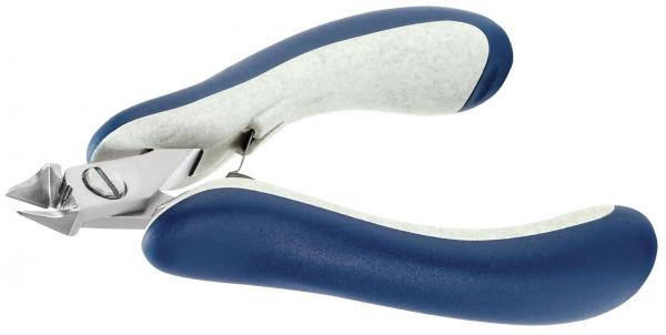 Das Bild zeigt eine Nagelzange mit ergonomischen Griffen. Die Griffe sind blau und haben eine rutschfeste Oberfläche. Die Schneidklinge ist aus Metall und leicht gebogen, geeignet zum Kürzen von Nägeln.