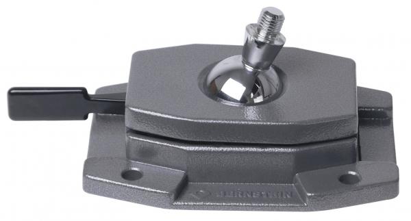 The image shows a gray metal bracket with a round ball in the center. On the left is a small lever used for fastening or adjustment.