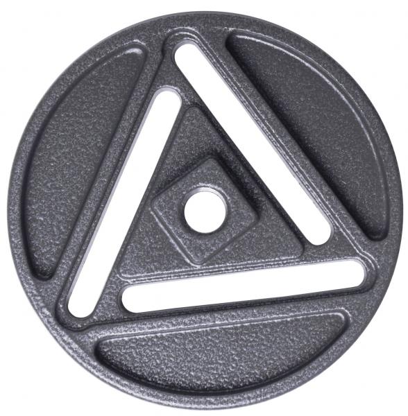 The image shows a round weight plate made of dark metal. There is a hole in the center to place it on a rod. The design features triangular and straight cutouts.