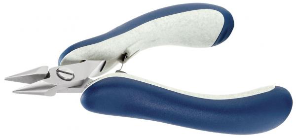 Das Bild zeigt eine seitliche Ansicht einer Zange mit einer Edelstahlspitze und ergonomisch geformten, blauen Griffen. Die Griffe sind mit einer weichen Oberfläche versehen und leicht geschwungen.