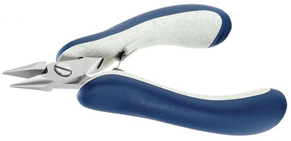 Das Bild zeigt eine Zange mit einem metallischen Kopf und zwei ergonomischen Griffen. Die Griffe sind blau mit einer gummierten Oberfläche, die Halt und Komfort bieten.