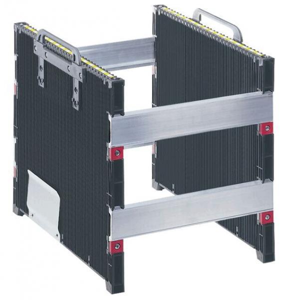 The image displays a foldable, square suitcase or container with smooth, black walls and gray aluminum frames. It has two handle recesses and can be used for storage.