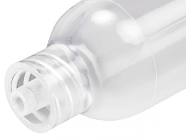The image shows the upper part of a transparent plastic bottle. The neck of the bottle has a screw thread, and the opening is equipped with a thin, round attachment.