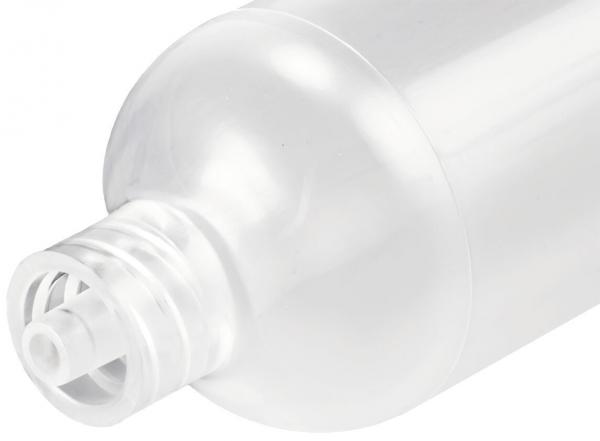 The image shows a flat, clear plastic bottle with a round shape. The top part has a screw cap that features a grid-like opening from which the contents can be dispensed.