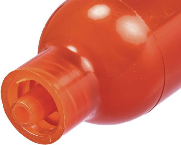 The image shows the upper part of an orange bottle. It has a round shape and a narrow, open neck that tapers slightly at the top.