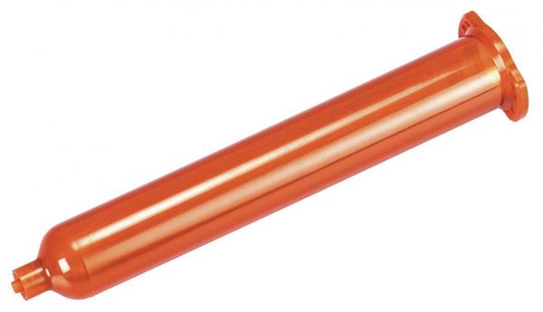 Das Bild zeigt einen langen, zylindrischen Gegenstand in leuchtendem Orange. Er hat an einem Ende eine Öffnung und an der anderen Seite eine sorgfältig geformte Kante.