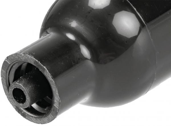 The image shows a black plastic part with a round end and an inner hole. The surface is slightly shiny and has a smooth texture. It appears to be a tube or a connector.
