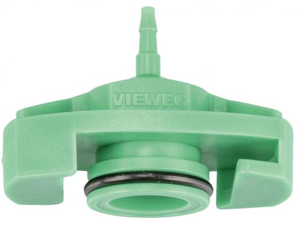 The image shows a green, plastic part with a round base and a central tube. It has a seal made of black rubber and an inscription "VIEWEG" on the top.
