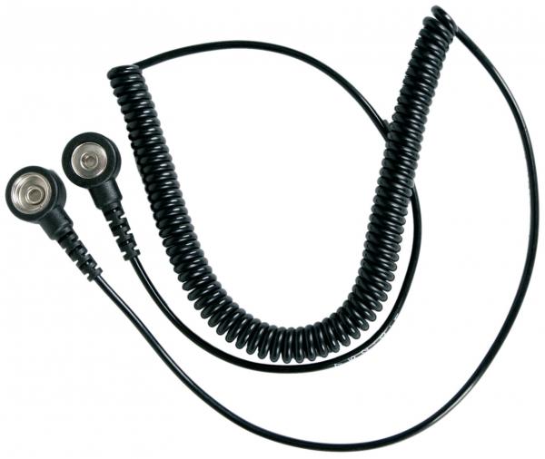 Das Bild zeigt ein schwarzes spiralförmiges Kabel mit zwei runden Steckern am Ende. Es ist weich und flexibel, typischerweise für Audio- oder Kommunikationsgeräte verwendet.