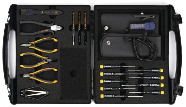 The image shows a toolbox with two flaps. Inside, various tools such as pliers, screwdrivers, and tweezers are neatly arranged, with yellow and black handles.