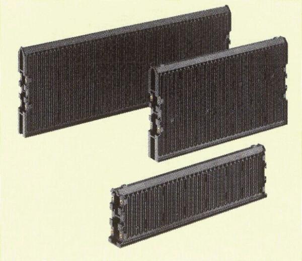 The image displays three differently sized rectangular elements in black, structured by vertical grooves. The elements are arranged side by side.
