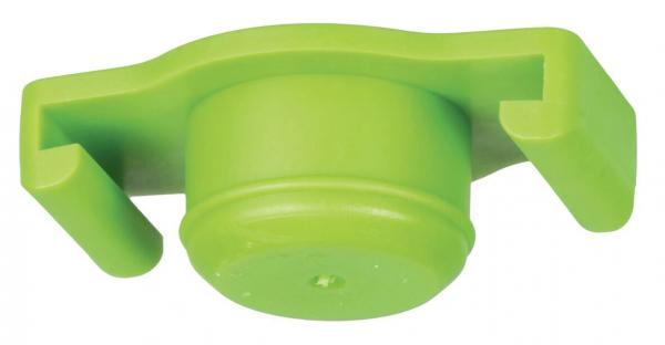 The image shows a green plastic clip. It has a round pin or button center and two lateral notches that provide stability.