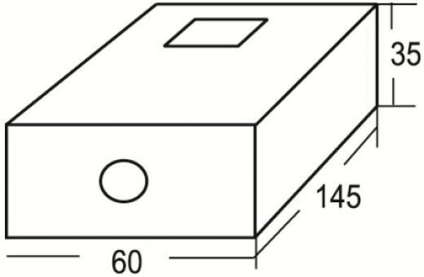 Das Bild zeigt eine rechteckige Box mit den Maßen 145 mm Länge, 60 mm Breite und 35 mm Höhe. Oben ist ein kleiner quadratischer Ausschnitt und vorne ein runder.