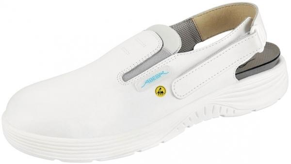 The shoe is white, has a closed front and an open heel. It has a non-slip sole and a sporty, comfortable fit, ideal for everyday use or work.