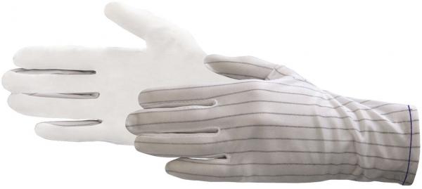 The image shows a white glove with fine, gray stripes. The glove is open and displays the shape of a hand. The fingers are separated and clearly visible.