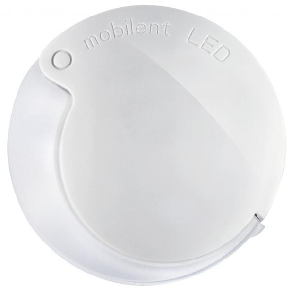 The image shows a round, flat LED lamp in white. At the top, the inscription "mobilent LED" is embossed. A small notch on the side suggests a mount.
