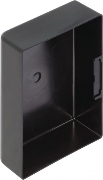 The image shows a rectangular, black plastic box without a lid. The box has smooth walls and an opening on one side for a closure or attachment option.