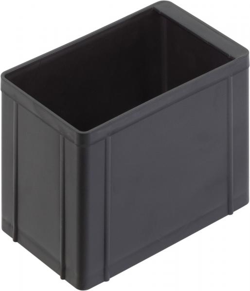 The image shows a rectangular, black plastic box without a lid. It has smooth walls with slight indentations and is sturdy. The corners are right-angled and the edges are slightly flattened.