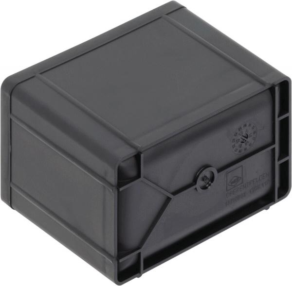 The image shows a rectangular, black plastic storage box. It has smooth sides and rounded corners, with a closed top and a simple design.