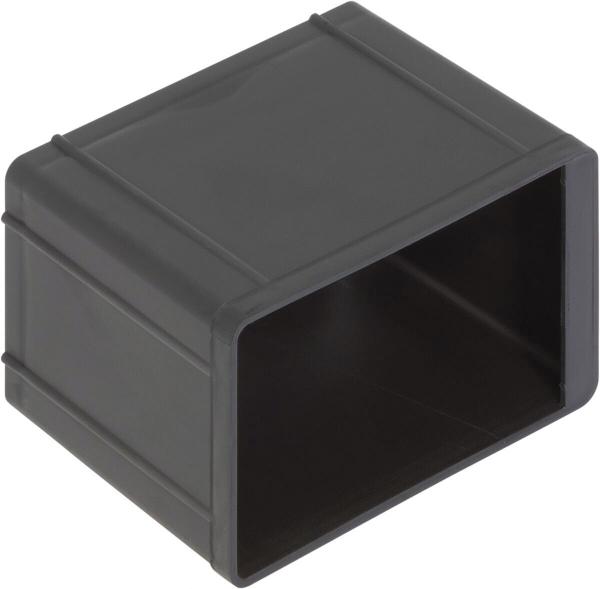 The image shows a rectangular, black plastic box without a lid. The box has sharp edges and is hollow, allowing it to be used for storage or transport.