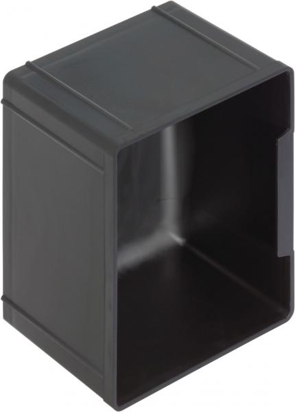The image shows a black, rectangular plastic container. It has an open top and a smooth, grippable surface. The container is sturdy and has a recess on one side.