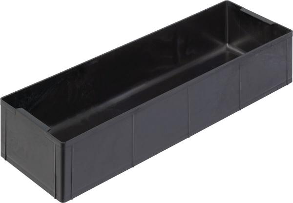 Das Bild zeigt eine längliche, rechteckige Box aus schwarzem Kunststoff. Sie hat glatte Wände und ist offen, ohne Deckel, für die Aufbewahrung von Gegenständen.