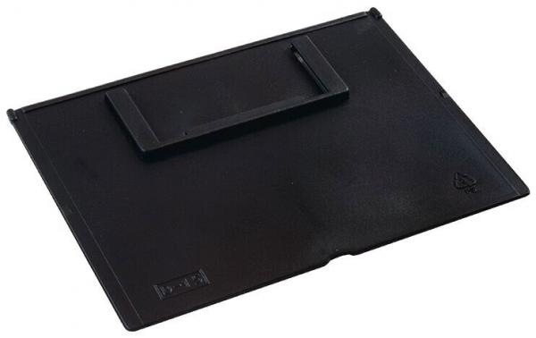 The image shows a black, flat plastic plate with a handle on the top. It appears sturdy and has rounded corners. The surface is smooth and matte.