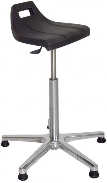 The image shows a black stool with an ergonomically shaped seat. It has an adjustable, silver foot and a stable, star-shaped base with casters.
