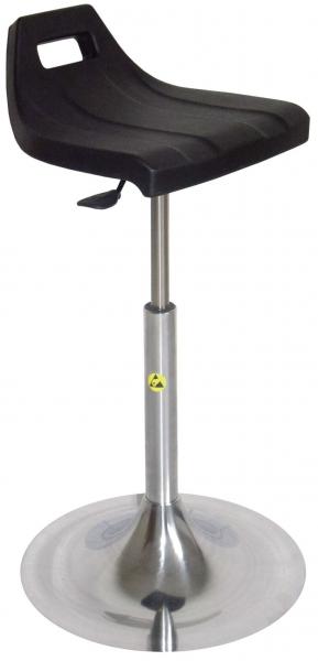 The stool has a black, ergonomically shaped plastic seat. It stands on a chrome-plated metal frame with a round base that is stable and shiny.