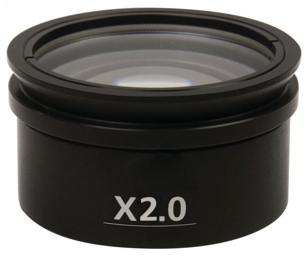 The image shows a black camera lens with a round lens and an inscription "X2.0" at the bottom. The lens has multiple layers that appear clear and shiny.
