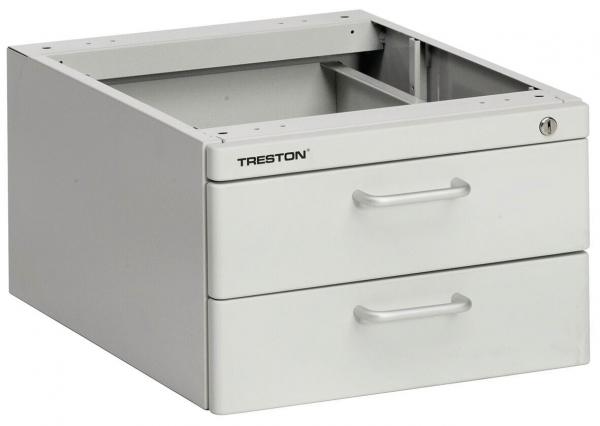The image shows a gray cabinet with two standard drawers. The cabinet is made of metal and has a simple, functional style. It features silver handle bars and a recess on the top.