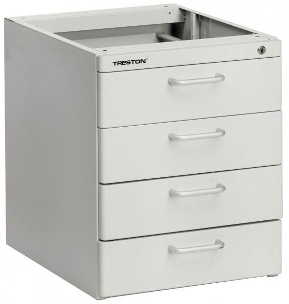 The image shows a compact, white chest of drawers with four drawers. The drawers have simple, straight metal handles. An empty shelf is visible on top.