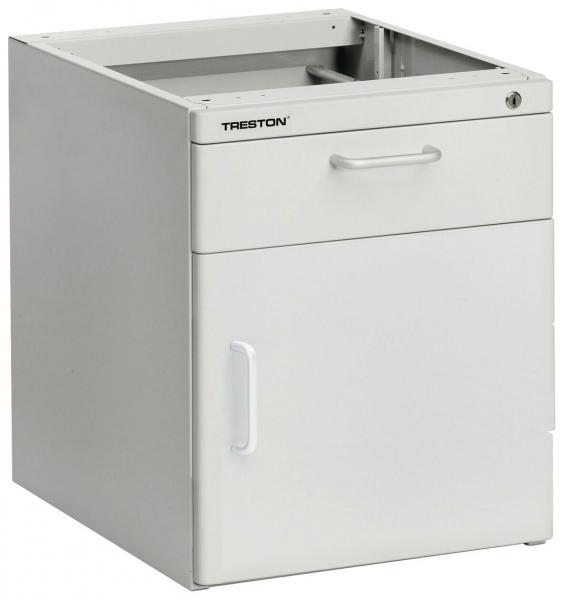 The image shows a white rolling cabinet with a drawer on top and a door at the bottom. It has a smooth surface and a simple, rectangular shape.