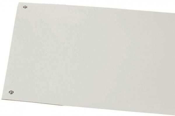 The image shows a rectangular, gray plate with rounded corners. It has two metal fittings in the upper corners, which might be used for mounting. The background is white.