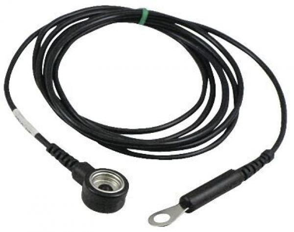 The image shows a black cable with a round connector on one end and a flat eyelet on the other end. The cable has a curved shape and is quite long.