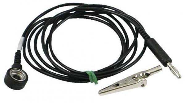 The image displays a thin, black cable with a clip on one end and a round connector on the other. The clip is silver-colored and metallic, while the connector has a closed shape.