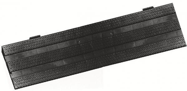 The image shows a long, black rubber mat with textured, rectangular elevations and grooves. It is uniformly flat and likely serves as a non-slip surface or for floor covering.