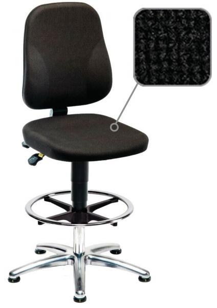 The image shows a swivel office chair with a black cover and a padded seat. It has an adjustable back and a chrome footrest with five casters.